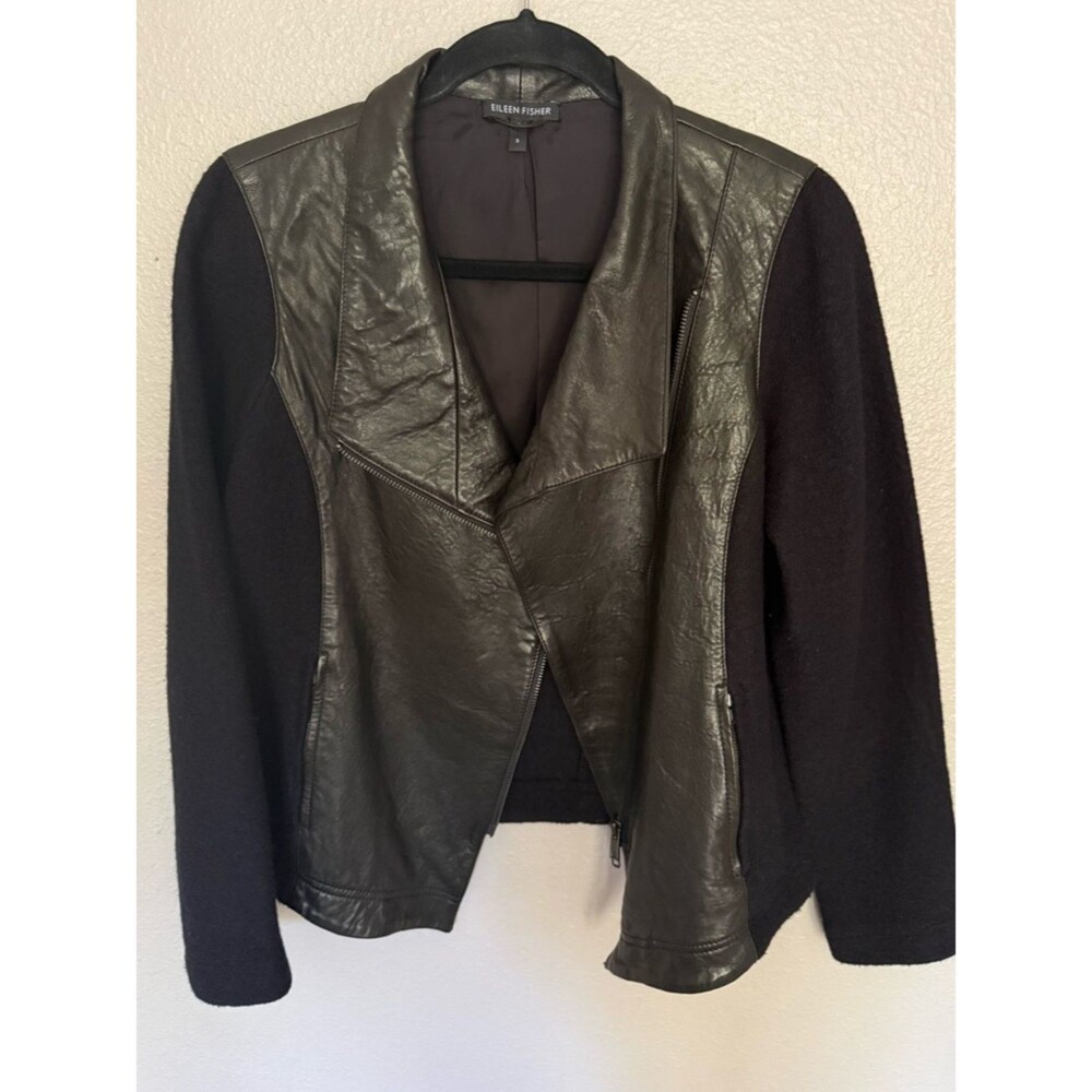 Eileen Fisher Mixed Media Moto Jacket - Leather & Wool - Black - Small